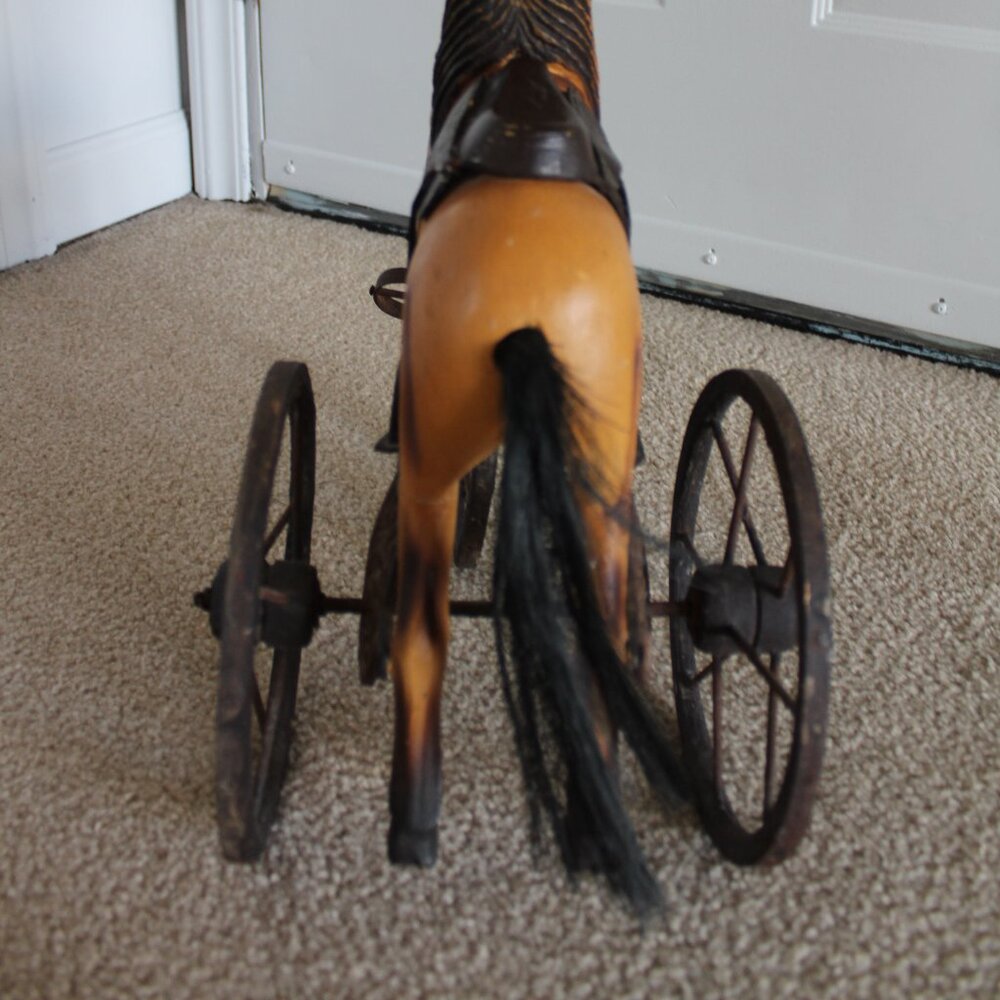 Vintage 17.5"Tall x 16" Wood & Cast Iron Leather Saddle Horse Trike - Picture 14 of 16